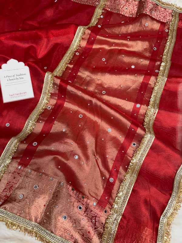 Sindoor Red Aaina Aanchal Mirror Work Tissue Silk Saree