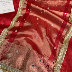 Sindoor Red Aaina Aanchal Mirror Work Tissue Silk Saree