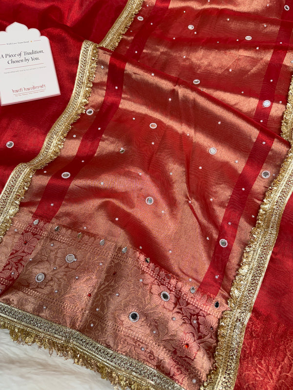 Sindoor Red Aaina Aanchal Mirror Work Tissue Silk Saree