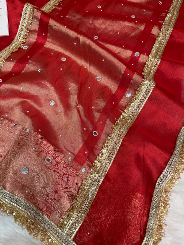 Sindoor Red Aaina Aanchal Mirror Work Tissue Silk Saree