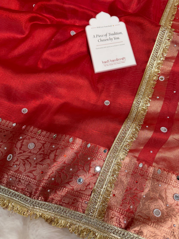 Sindoor Red Aaina Aanchal Mirror Work Tissue Silk Saree