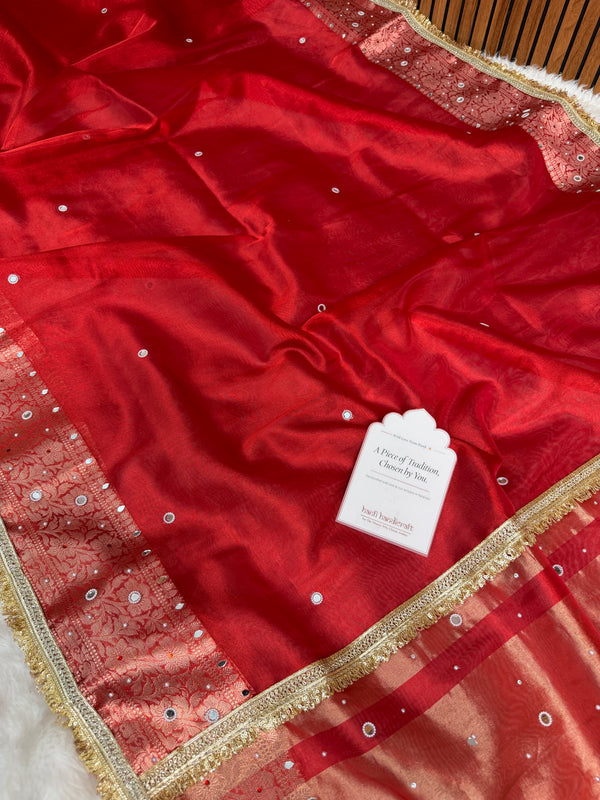 Sindoor Red Aaina Aanchal Mirror Work Tissue Silk Saree