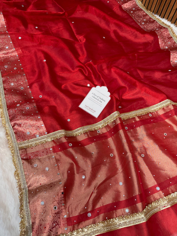 Sindoor Red Aaina Aanchal Mirror Work Tissue Silk Saree
