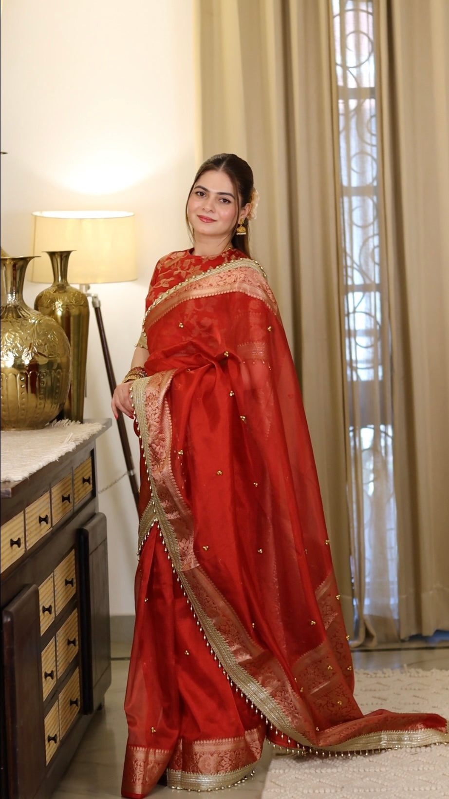 Bold Red Ghungroo Handcrafted Tissue Silk Saree