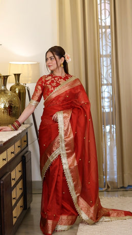 Bold Red Ghungroo Handcrafted Tissue Silk Saree