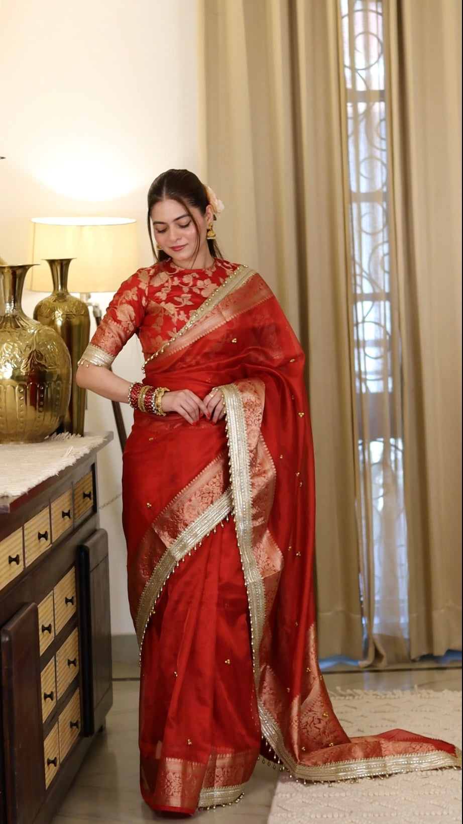 Bold Red Ghungroo Handcrafted Tissue Silk Saree