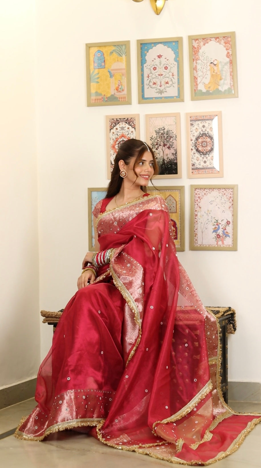 Gulabi Pink Aaina Aanchal Mirror Work Tissue Silk Saree