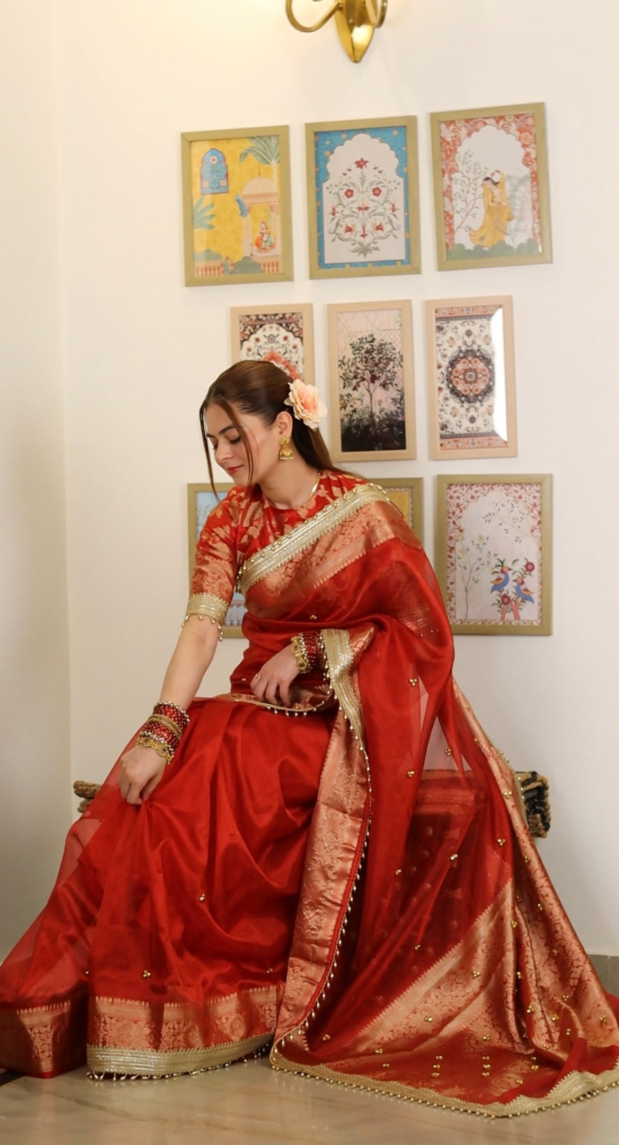 Bold Red Ghungroo Handcrafted Tissue Silk Saree