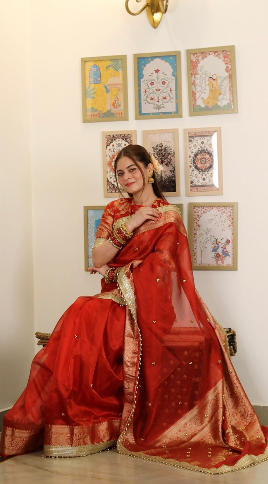 Bold Red Ghungroo Handcrafted Tissue Silk Saree