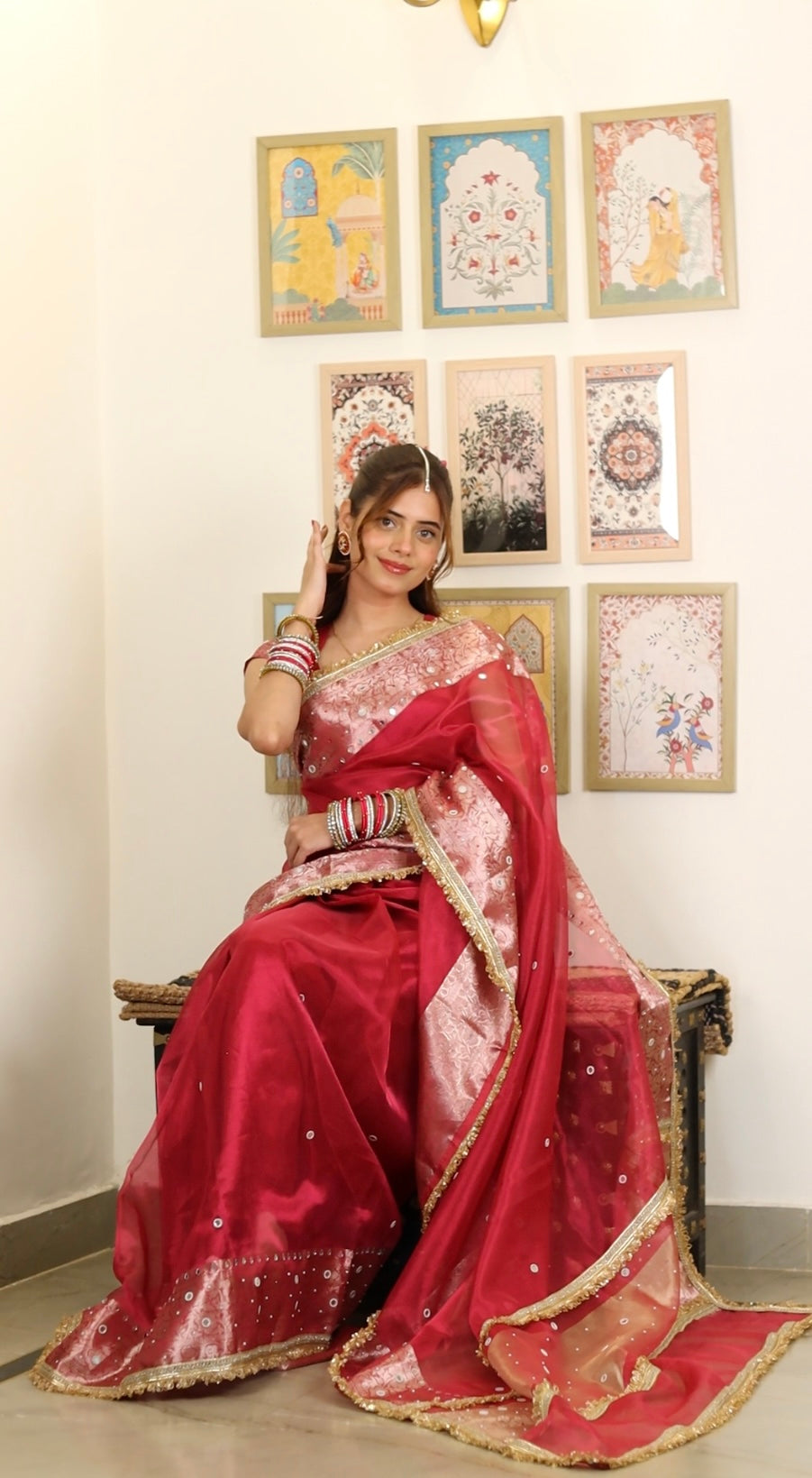 Gulabi Pink Aaina Aanchal Mirror Work Tissue Silk Saree