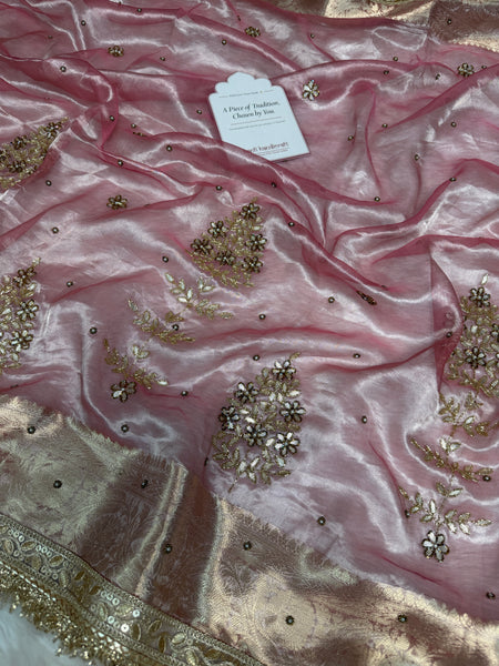 Baby Pink Guldasta Handwork Pure Tissue Silk Saree