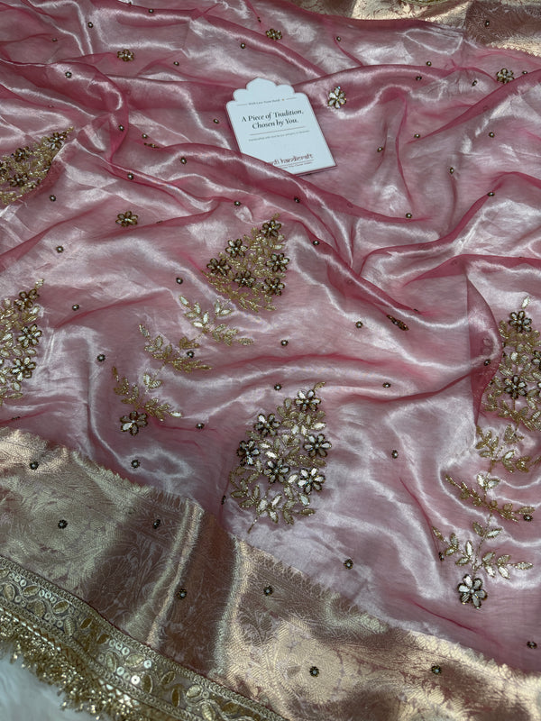 Baby Pink Guldasta Handwork Pure Tissue Silk Saree