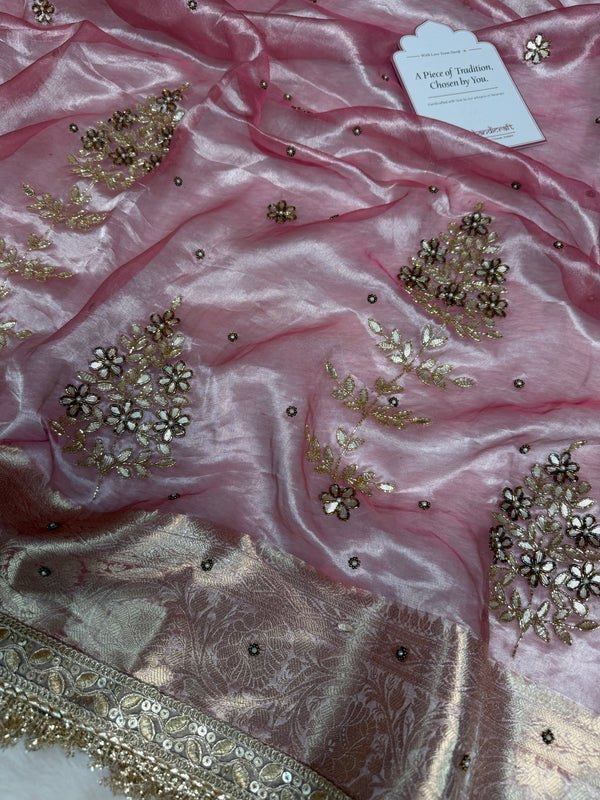 Baby Pink Guldasta Handwork Pure Tissue Silk Saree