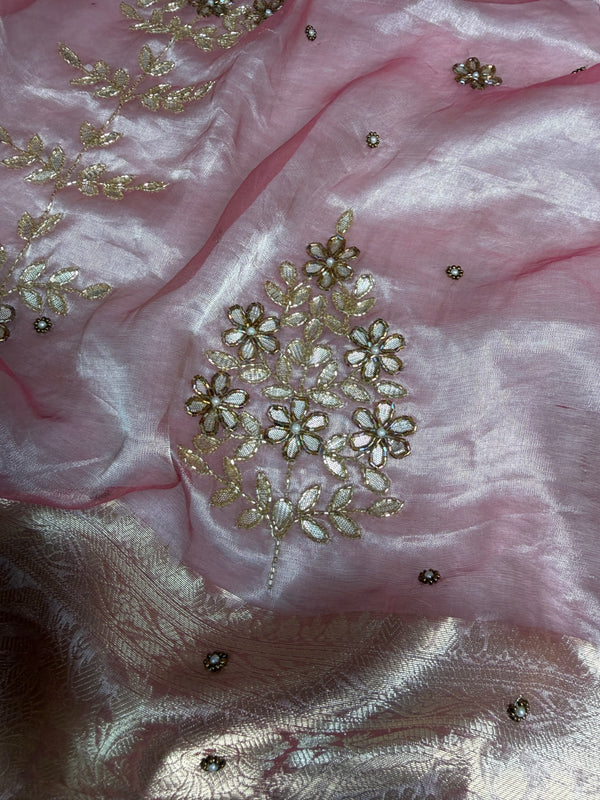Baby Pink Guldasta Handwork Pure Tissue Silk Saree