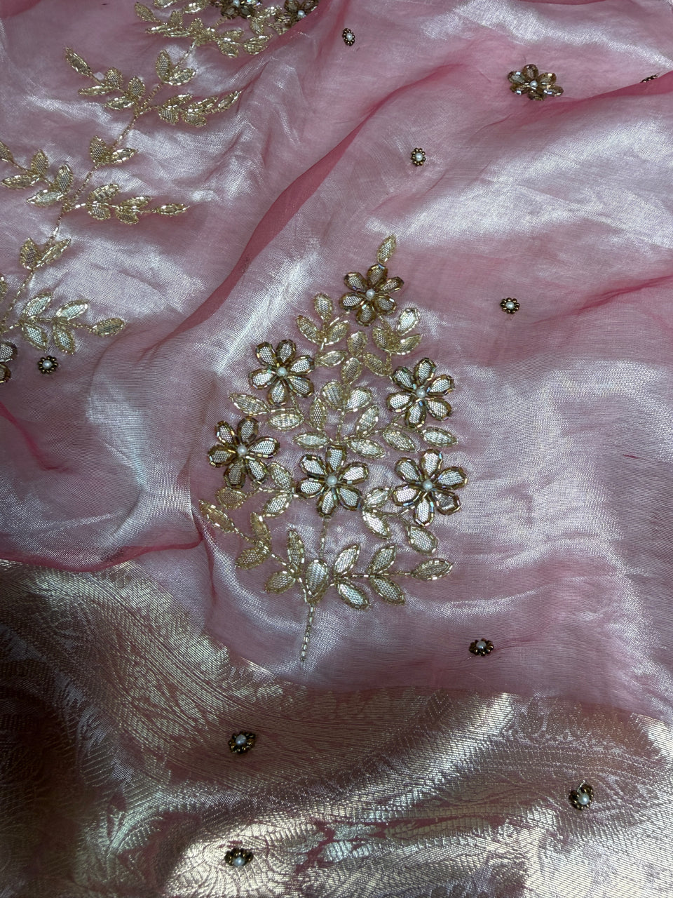 Baby Pink Guldasta Handwork Pure Tissue Silk Saree