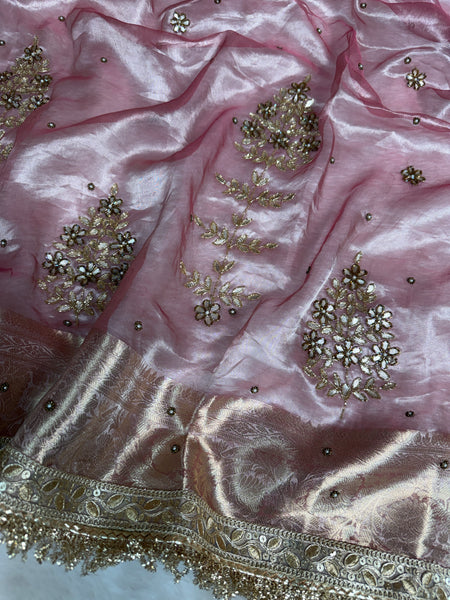 Baby Pink Guldasta Handwork Pure Tissue Silk Saree