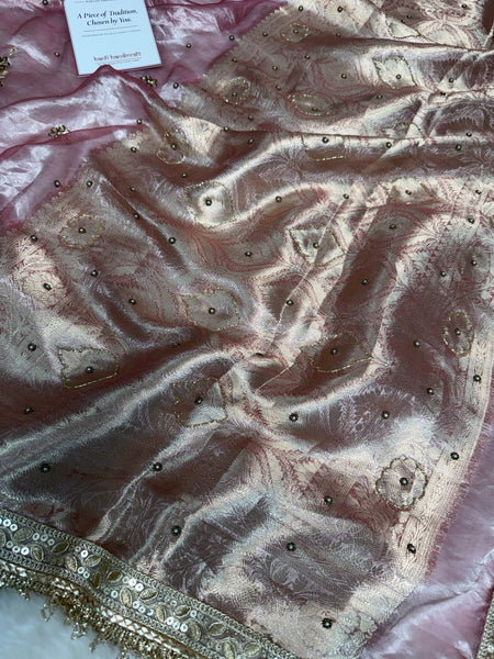 Baby Pink Guldasta Handwork Pure Tissue Silk Saree
