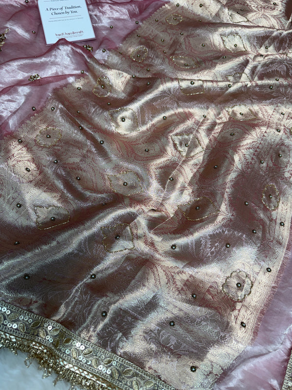 Baby Pink Guldasta Handwork Pure Tissue Silk Saree