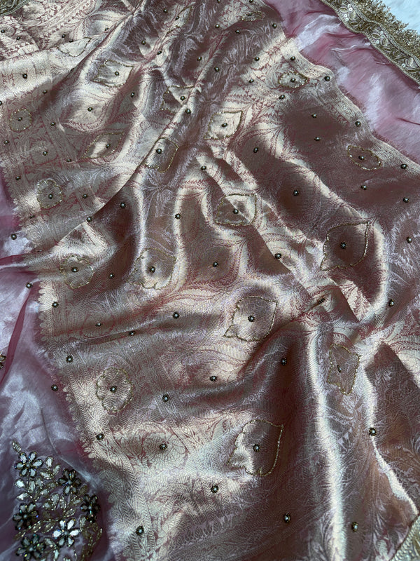 Baby Pink Guldasta Handwork Pure Tissue Silk Saree