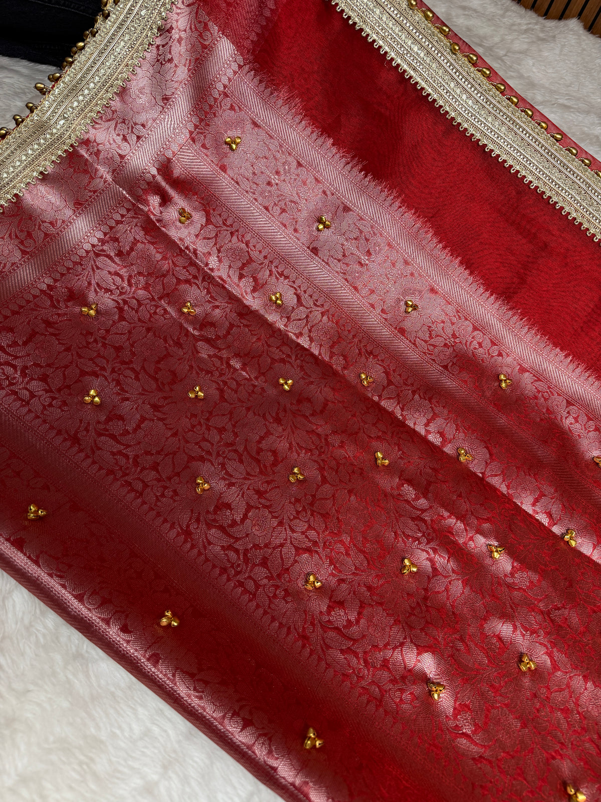 Bold Red Ghungroo Handcrafted Tissue Silk Saree