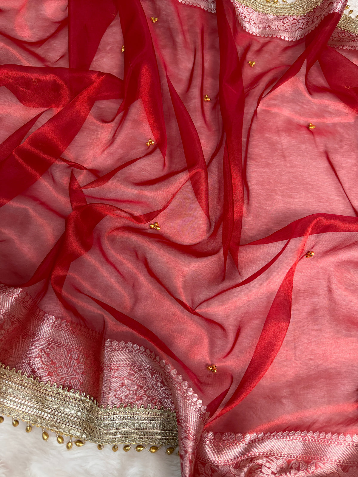Bold Red Ghungroo Handcrafted Tissue Silk Saree
