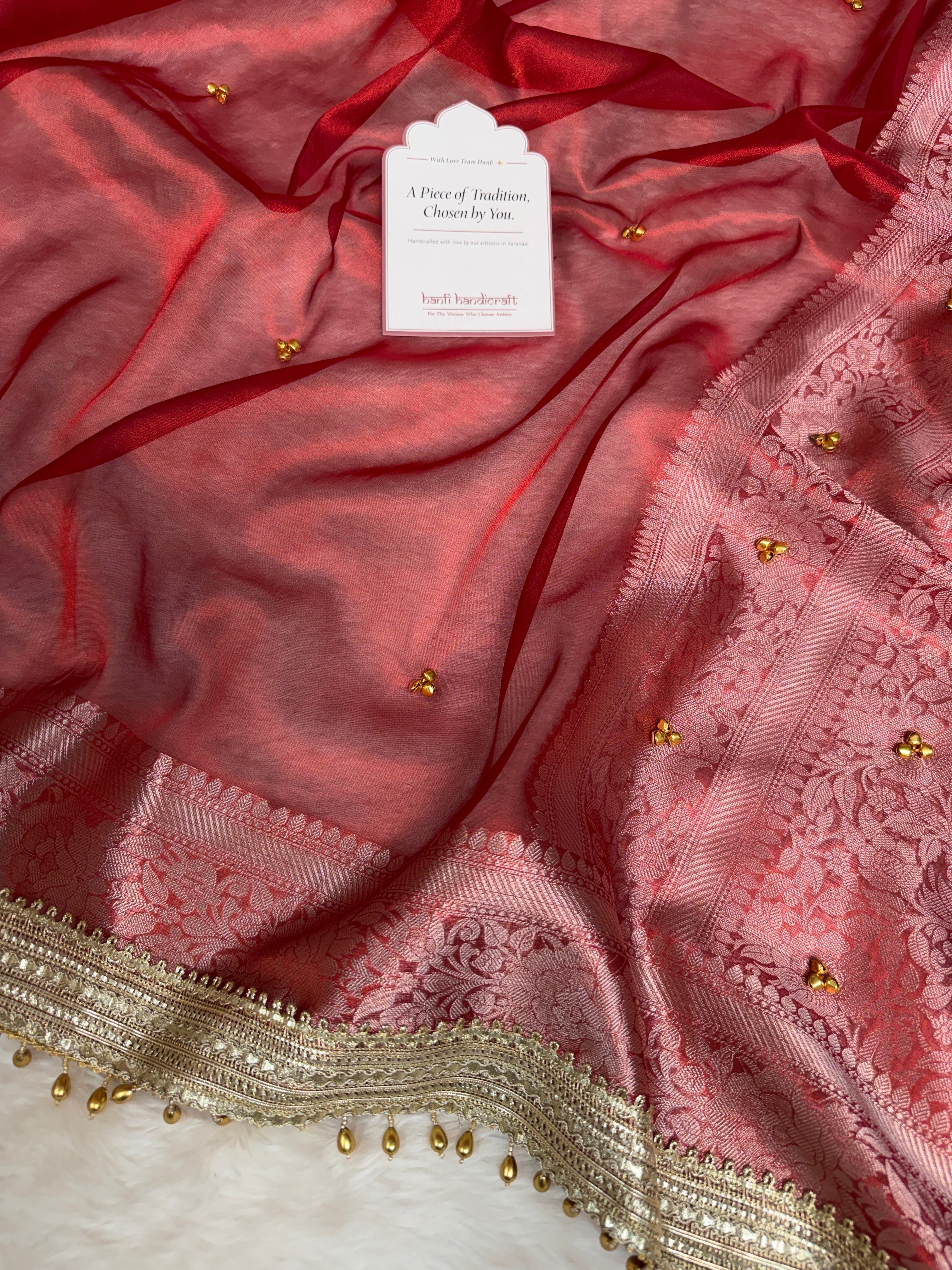 Bold Red Ghungroo Handcrafted Tissue Silk Saree