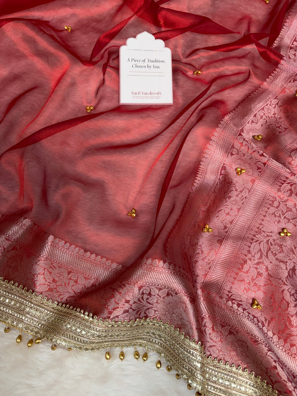 Bold Red Ghungroo Handcrafted Tissue Silk Saree