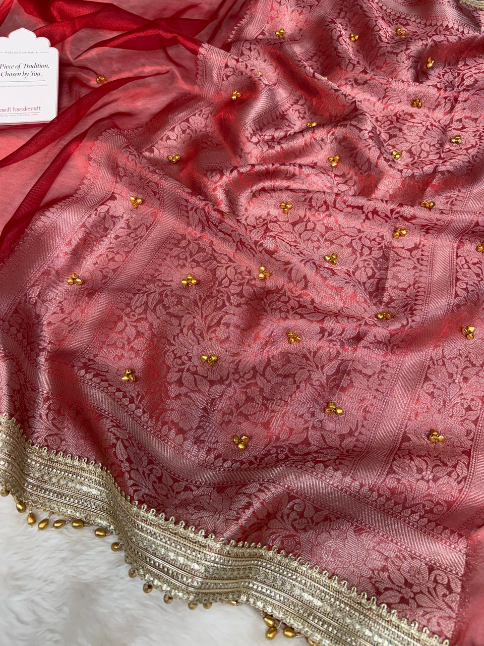 Bold Red Ghungroo Handcrafted Tissue Silk Saree
