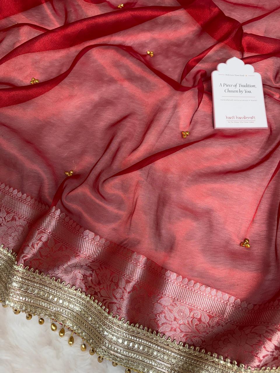 Bold Red Ghungroo Handcrafted Tissue Silk Saree