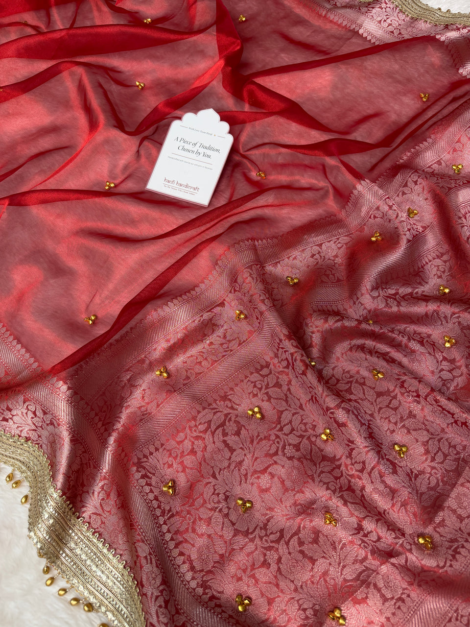 Bold Red Ghungroo Handcrafted Tissue Silk Saree