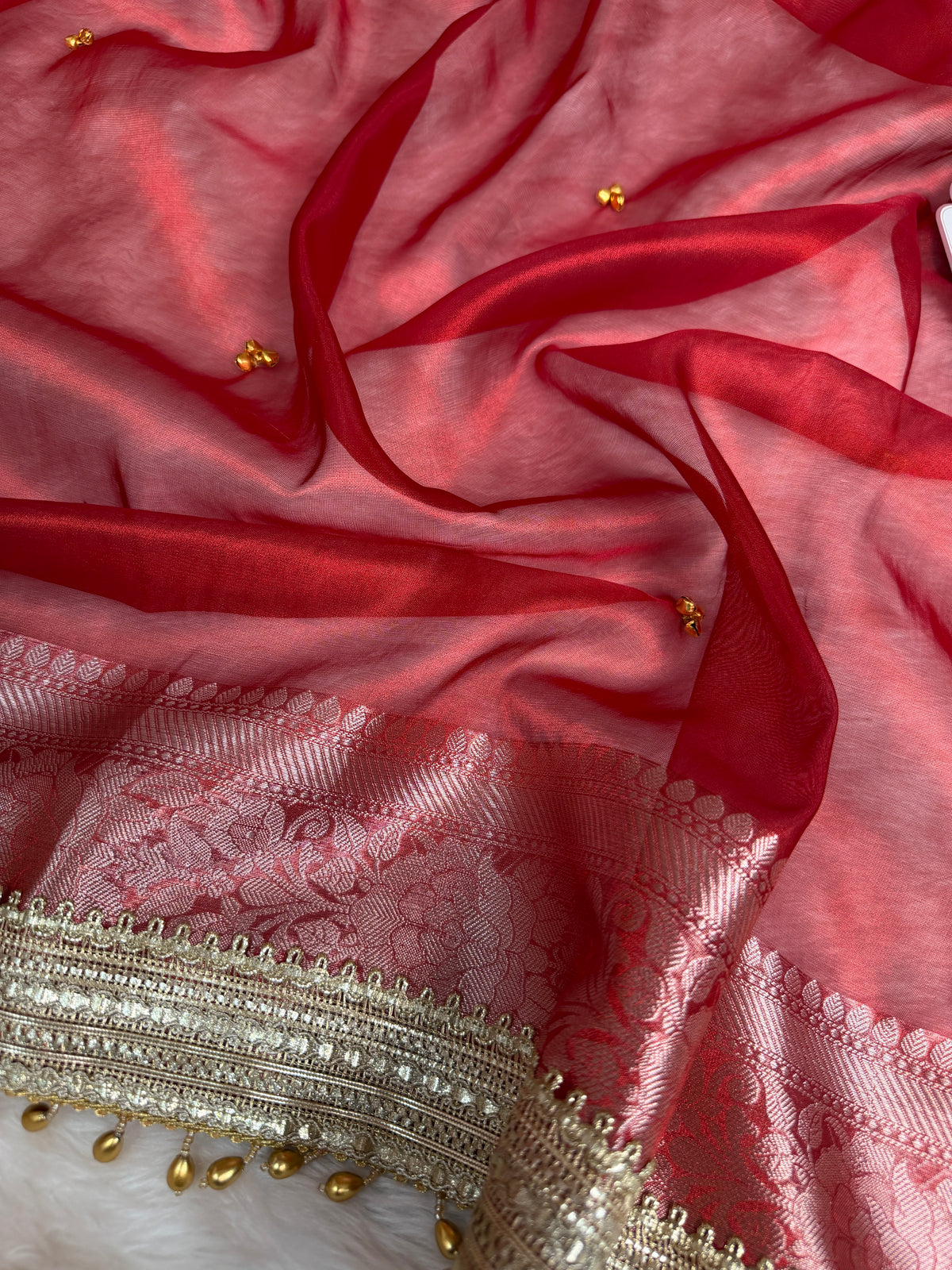 Bold Red Ghungroo Handcrafted Tissue Silk Saree