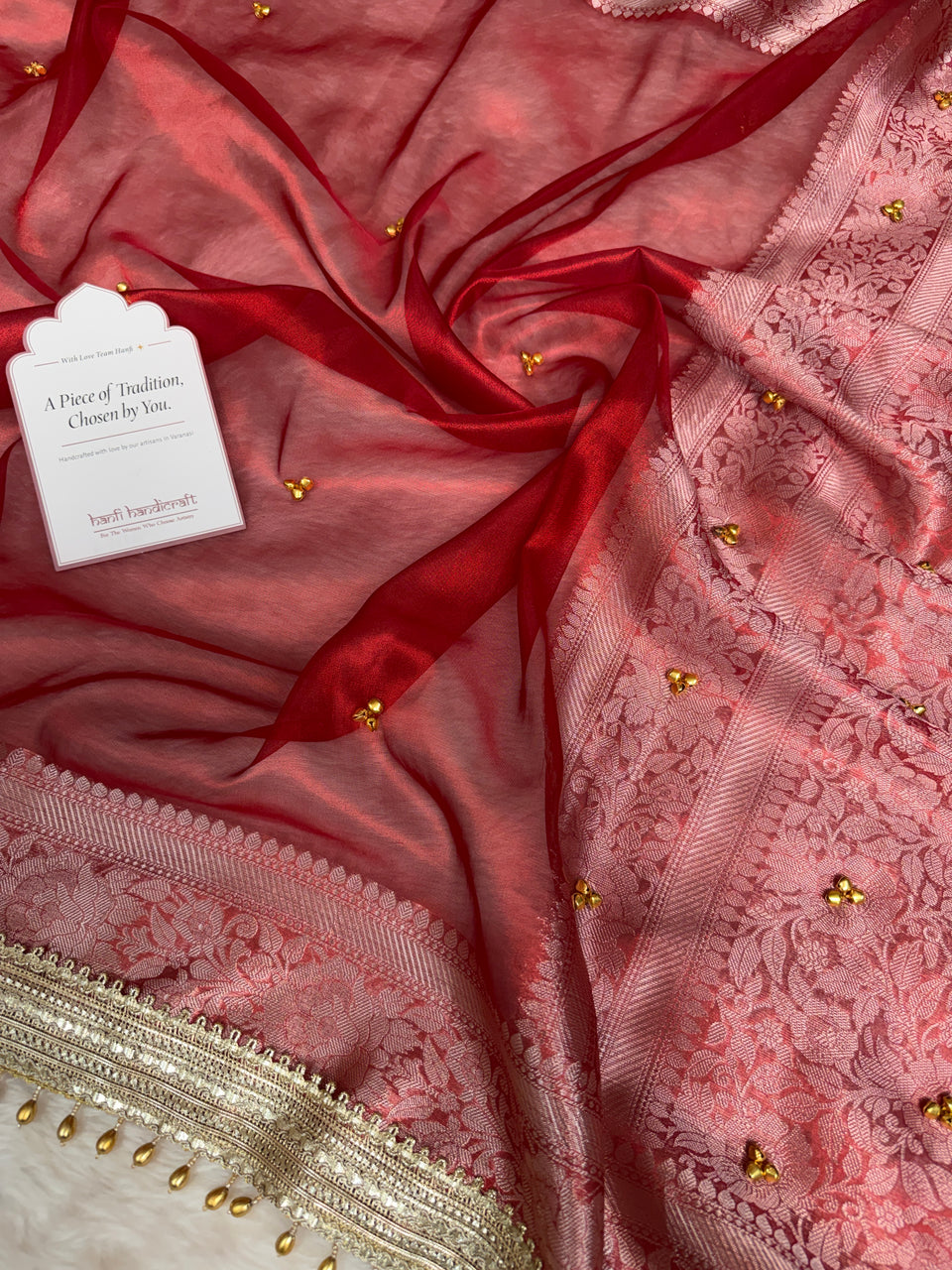 Bold Red Ghungroo Handcrafted Tissue Silk Saree
