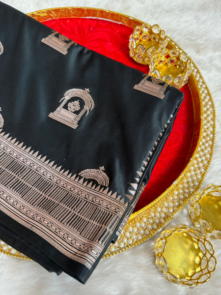 Royal Black Mehraab Banarasi Mashru Silk Saree