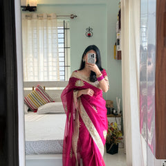 Rani Pink Gulnaaz Lotus Zardozi Soft Tissue Saree