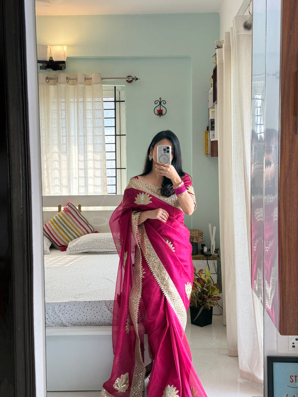 Rani Pink Gulnaaz Lotus Zardozi Soft Tissue Saree