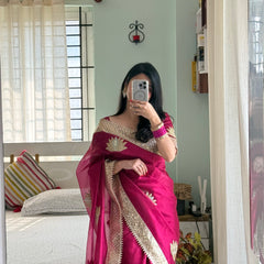 Rani Pink Gulnaaz Lotus Zardozi Soft Tissue Saree