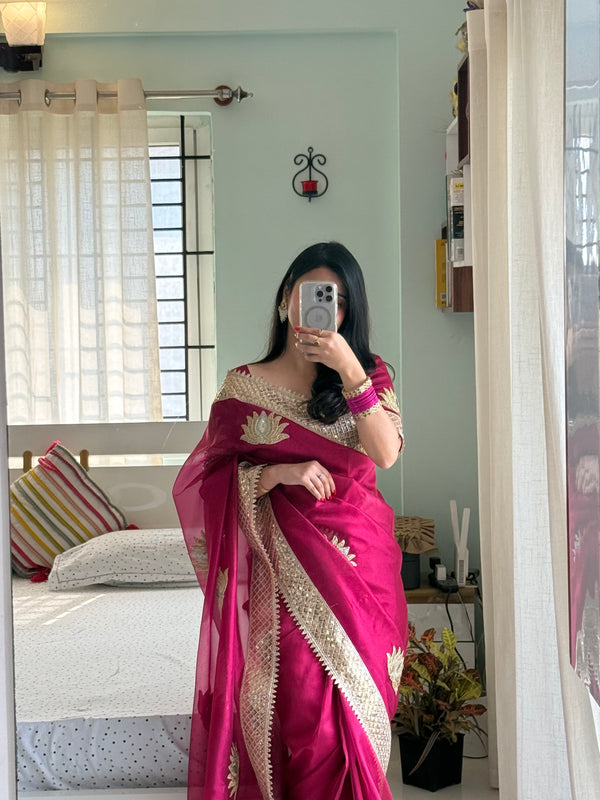 Rani Pink Gulnaaz Lotus Zardozi Soft Tissue Saree