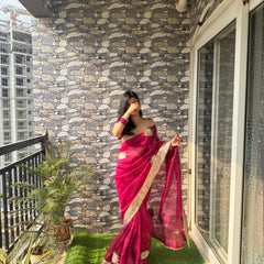 Rani Pink Gulnaaz Lotus Zardozi Soft Tissue Saree