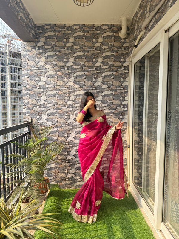 Rani Pink Gulnaaz Lotus Zardozi Soft Tissue Saree