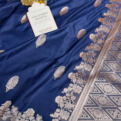 Navy Blue Mughal Buti Banarasi Mashru Silk Saree