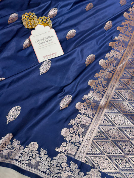 Navy Blue Mughal Buti Banarasi Mashru Silk Saree