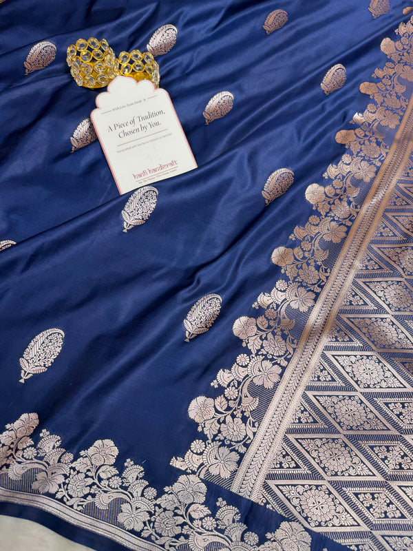Navy Blue Mughal Buti Banarasi Mashru Silk Saree