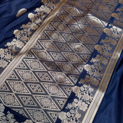 Navy Blue Mughal Buti Banarasi Mashru Silk Saree