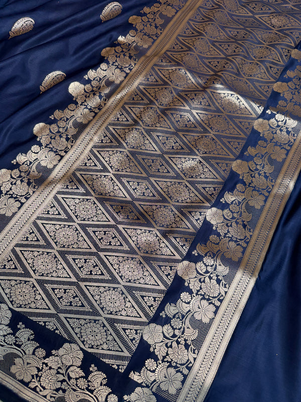 Navy Blue Mughal Buti Banarasi Mashru Silk Saree