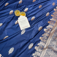 Navy Blue Mughal Buti Banarasi Mashru Silk Saree