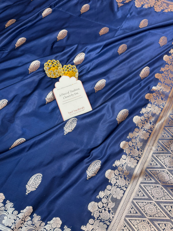 Navy Blue Mughal Buti Banarasi Mashru Silk Saree