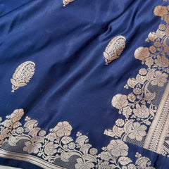 Navy Blue Mughal Buti Banarasi Mashru Silk Saree