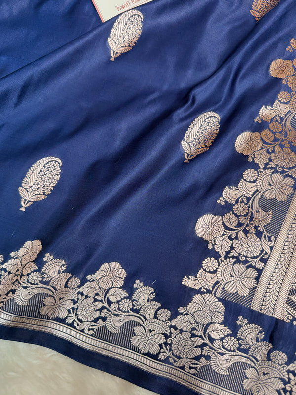 Navy Blue Mughal Buti Banarasi Mashru Silk Saree