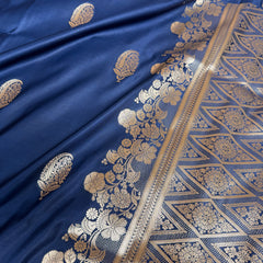 Navy Blue Mughal Buti Banarasi Mashru Silk Saree