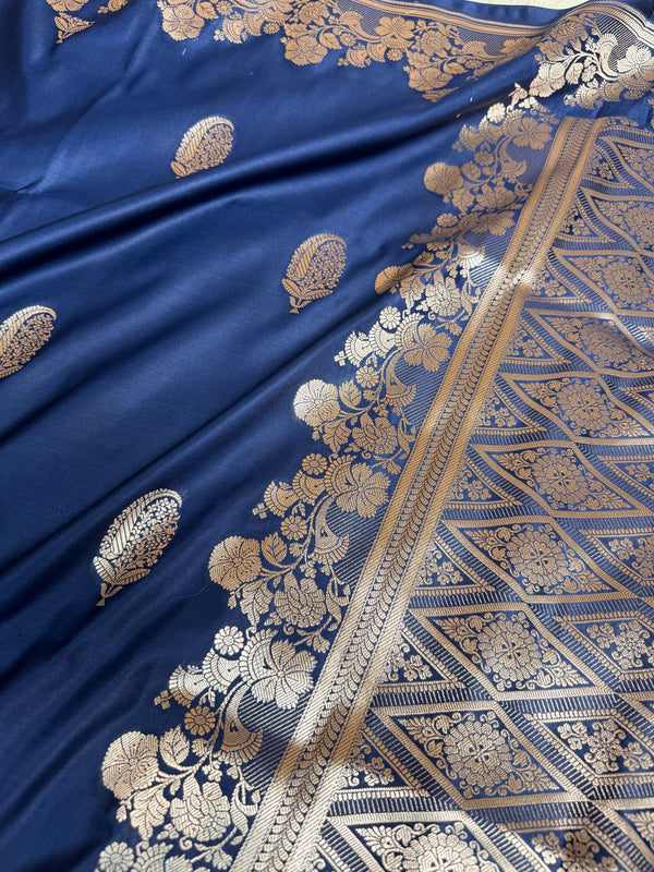 Navy Blue Mughal Buti Banarasi Mashru Silk Saree